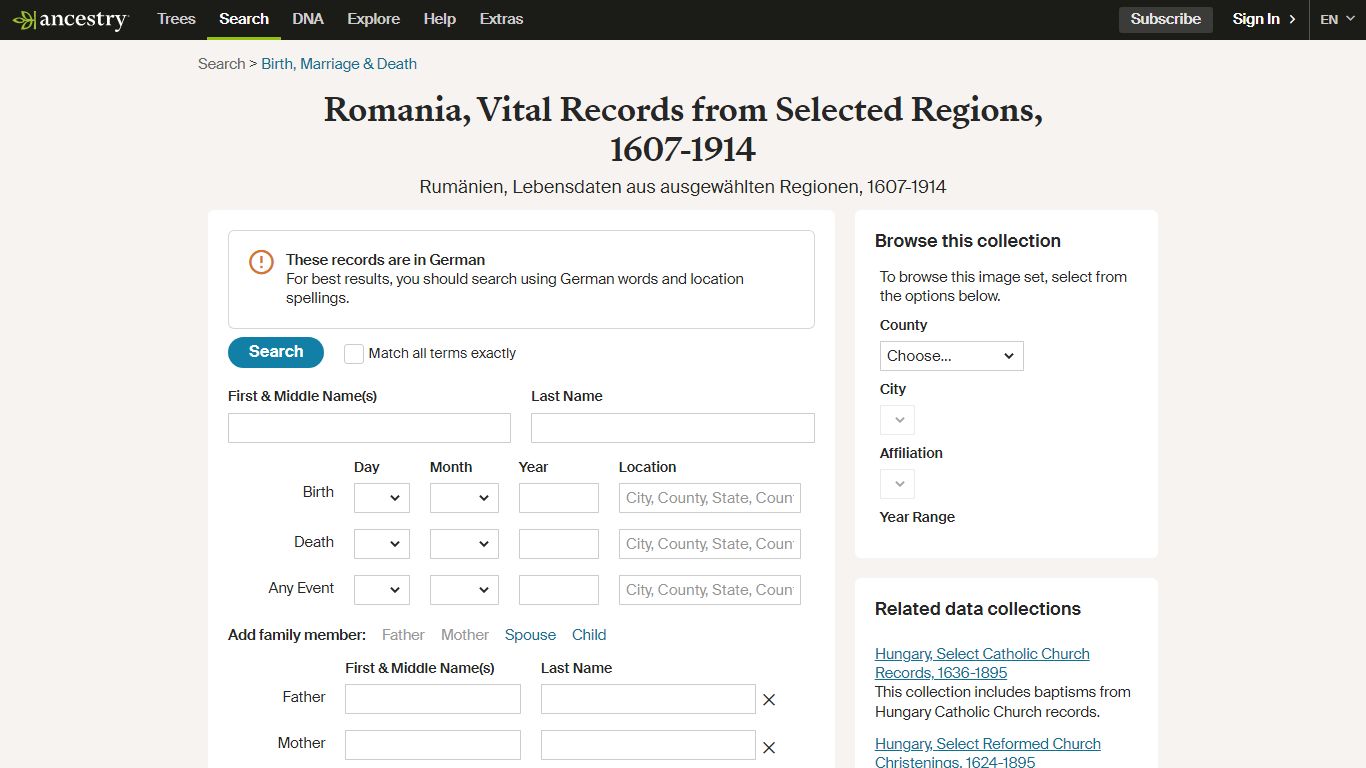 Romania, Vital Records from Selected Regions, 1607-1914